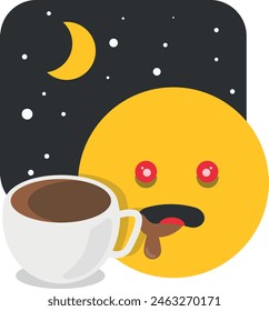 Nette Illustration eines verschlafenen gelben Emoticon-Gesichts mit roten Augen und schlaffem Mund, neben einer dampfenden Tasse Kaffee, vor einem Sternennachtshintergrund mit einem Halbmond.