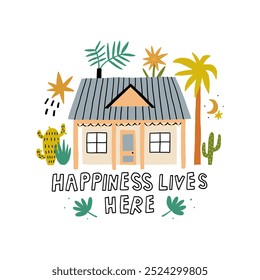 Cute illustration of a small house surrounded by plants with the phrase Happiness Lives Here. Ideal for home decor and positive vibes