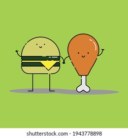 Cute Illustration of smile burger and smile chicken leg character. modern simple food vector icon, flat graphic symbol in trendy flat design style, children wallpaper cartoon set.
