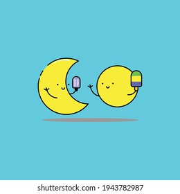 Cute Illustration of smile moon hold ice cream. modern simple vector icon, flat graphic symbol in trendy flat design style, children wallpaper cartoon set.