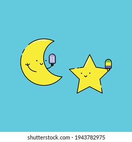 Cute Illustration of smile star and crescent moon holds ice cream. modern simple vector icon, flat graphic symbol in trendy flat design style, children wallpaper cartoon set.
