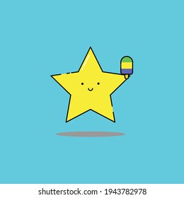 Cute Illustration of smile star holds ice cream. modern simple vector icon, flat graphic symbol in trendy flat design style, children wallpaper cartoon set.