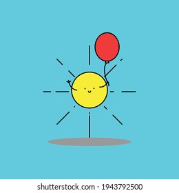 Cute Illustration of smile sun with balloon. modern simple vector icon, flat graphic symbol in trendy flat design style, children wallpaper cartoon set.