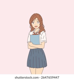 Cute illustration of a smiling anime girl in a school uniform holding a book. Her expression is cheerful and inviting. The background is a solid light pink color.