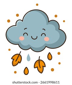 Cute illustration of a smiling cloud with raindrops and falling autumn leaves. Perfect for fall-themed projects, weather-related content, or kids' illustrations.