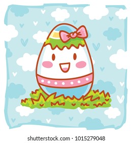 Cute illustration with smiling Colored egg character Easter day celebration on background with blue clouds. Happy Easter. Hand drawn art in cartoon style for decoration, print, card