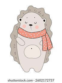 Cute illustration of a smiling hedgehog in a polka dot scarf, appearing content and cozy. Isolated on a white background.