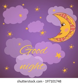 Cute illustration of a smiling moon wishing good night made in vector.
