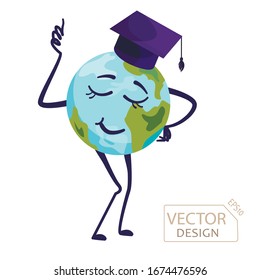 Cute illustration of a smiling planet Earth with arms and legs in a blue graduation cap. Drawn in a flat style and isolated on a white background. Knowledge Day or Earth Day. Vector eps10