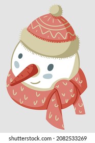 Cute illustration of smiling snowman with red warm hat and scarf