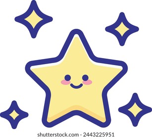 Cute illustration of a smiling star surrounded by smaller stars, outlined in blue, with a happy facial expression.