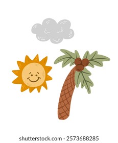 Cute illustration of smiling sun, a coconut palm tree, and a fluffy cloud in a playful style, perfect for kids designs, educational materials, or tropical projects. Vector isolated illustration