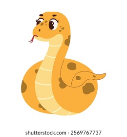 Cute illustration of a smiling yellow snake with brown spots and big expressive eyes. Perfect for children’s books, educational materials, and animal-themed designs.