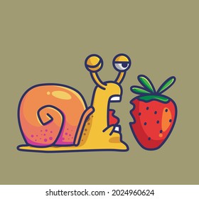 Cuesta ilustración de caracol comiendo una fresa dulce. Caricatura aislada de animales Estilo plano Pegatina Diseño web Icono de logotipo premium Vector personaje mascota
