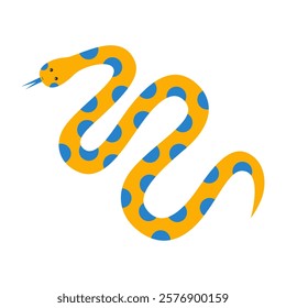 Cute illustration of a snake character. Hand drawn vector snake in yellow and blue colors. Animals or wild nature theme. Vector illustration in flat style isolated on white background.