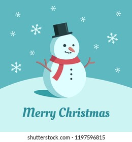 Cute illustration of snowman. Cartoon flat style Christmas card. Falling snow blue background.