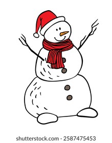 Cute illustration of a snowman in doodle style, he is wearing knitted red hat, scarf. Flat vector character isolated white background for New Year card, print, brochures, poster design