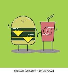 Cute Illustration von Soda und Doppelschicht Käse Burger Charakter. moderne, einfache Food-Vektorsymbol, flaches Bildsymbol im trendigen Flachdesign-Stil, Kindertapete-Cartoon-Set.