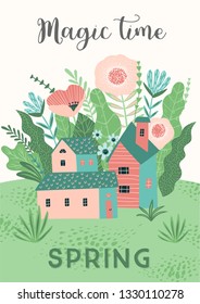Cute illustration with spring landckape. Vector design for poster, card, invitation, placard, brochure, flyer and other