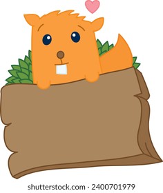 Cute illustration of a squirrel with an empty wooden frame for an inscription or logo. Vector colorful picture	