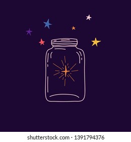 Cute illustration star in glass jar. Children's illustration in cartoon style with starry decoration. Hand-drawn design For t-shirts and postcard. Vector.