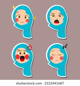 Um bonitinho conjunto de adesivos de ilustração com uma garota vestindo hijab expressando diferentes emoções, incluindo felicidade, tristeza, raiva e sonolência