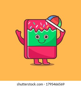 ilustración de helado con sabor a fresa sosteniendo un sombrero, ilustración de dibujos animados premium, ilustración de dibujos animados, apto para logotipos, pegatinas, promociones, ilustraciones planas vectoriales.