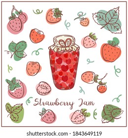 Cute illustration with Strawberry jam. Graphic hand drawn, bright, frat style. Doodle background for packaging, menu cards, posters, prints.