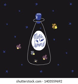 Cute illustration of summer night. Magic jar with flying fireflies and stars.Poster or card design. - Vector