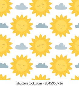 Cute illustration with the sun and clouds for children's interiors, clothing, gift packaging, paper and postcards, etc. Vector seamless pattern in the Scandinavian style.