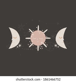 cute illustration. Sun and moon. space children's world. print interior poster. good dreams, baby bedroom