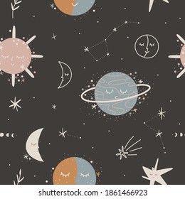 cute  illustration. Sun and moon. space children's world. print interior poster. good dreams, baby bedroom