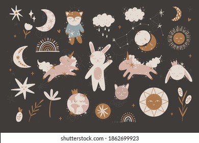 cute illustration. Sun and moon. space children's world. print interior poster. good dreams, baby bedroom