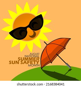 Cute illustration of the sun wearing sunglasses with an orange umbrella on the ground with bold text on orange background, Summer Sun Safety Month August