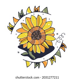 Cute illustration with sunflower. Isolated on a white background. Vector doodle illustrations.