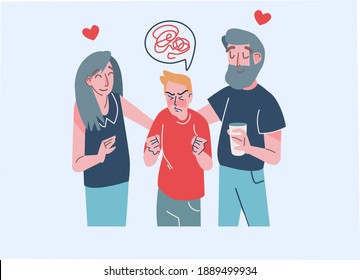 Cute Illustration Of Supportive Family With Child. Kind Understanding Parents Support And Calm Down Troubled Stressed Frustrated Teenager Son. Angry Boy And Emotionally Stable Loving Mother And Father