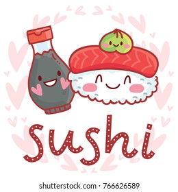 Cute illustration with Sushi and Rolls characters with eyes and smiles on hearts background with lettering, calligraphy text. In love with Sushi. Kawaii hand drawn art in cartoon, doodle style