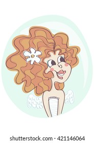 Cute illustration of sweet, adorable angel girl with white angel wings, smiling.