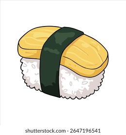 Uma ilustração fofa de sushi tamago, com uma fatia de omelete de ovo doce em arroz vinagre, envolta com uma tira de algas marinhas. Perfeito para desenhos ou menus com temas sushi.

