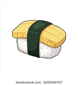 Uma ilustração fofa de sushi de tamago com arroz branco fofo, uma omelete de ovo amarelo grosso e um envoltório de algas verdes escuras em um fundo branco limpo.

