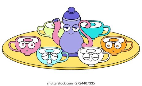 Una linda ilustración de un juego de té con una tetera y tazas.