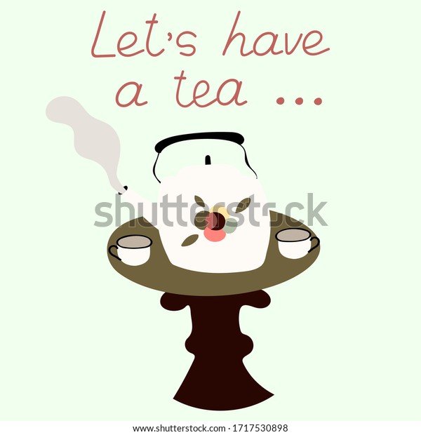 テキストとテーブルの上に茶碗を置いたティーポットのかわいいイラスト お茶にしよう のベクター画像素材 ロイヤリティフリー
