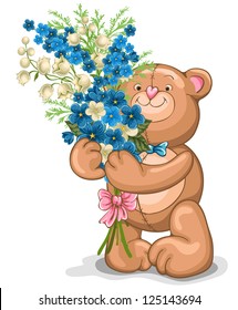 Cute illustration of Teddy Bear with a bouquet of flowers