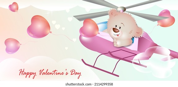 Cute illustration with a Teddy bear in a helicopter. For birthday, Valentine's day and more