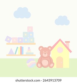 Cute illustration of a teddy bear, a small house, toy blocks, books, a rainbow ball and clouds in pastel colors.