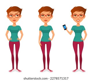 cute illustration of a teenage girl or young woman with pixie cut, wearing glasses and casual colorful outfit. Cartoon character. Isolated on white. Vector eps file.