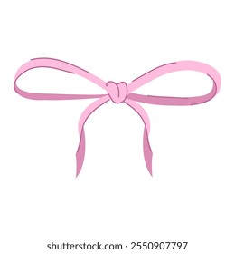 A cute illustration of a thin pink tied bow. Doodle hair accessory. Elegant tied ribbon.