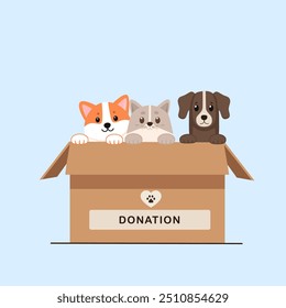 Cute illustration of three animals, two puppies and one kitten out of a cardboard donation box, perfect for promoting pet adoption or charity events. 