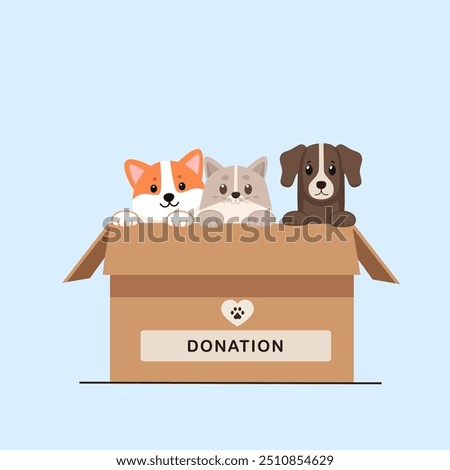 Cute illustration of three animals, two puppies and one kitten out of a cardboard donation box, perfect for promoting pet adoption or charity events. 