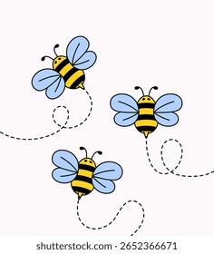 Ilustração bonita de três abelhas voando em caminhos lúdicos com linhas tracejadas em um fundo branco. Este vetor desenhado à mão é perfeito para temas infantis, natureza, primavera ou design relacionado ao mel